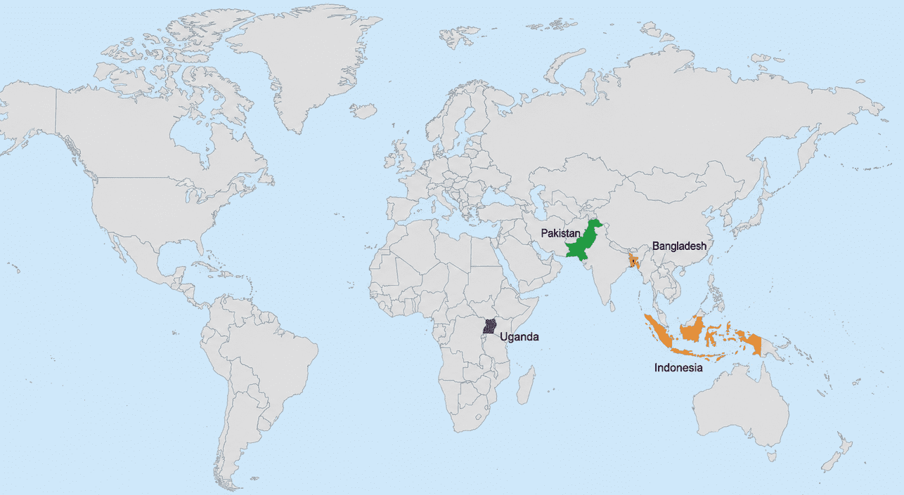 Map highlighting Pakistan, Bangladesh, Uganda, Indonesia