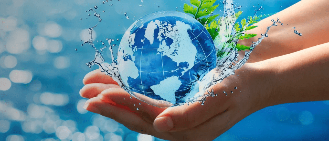 Hands holding watery earth globe